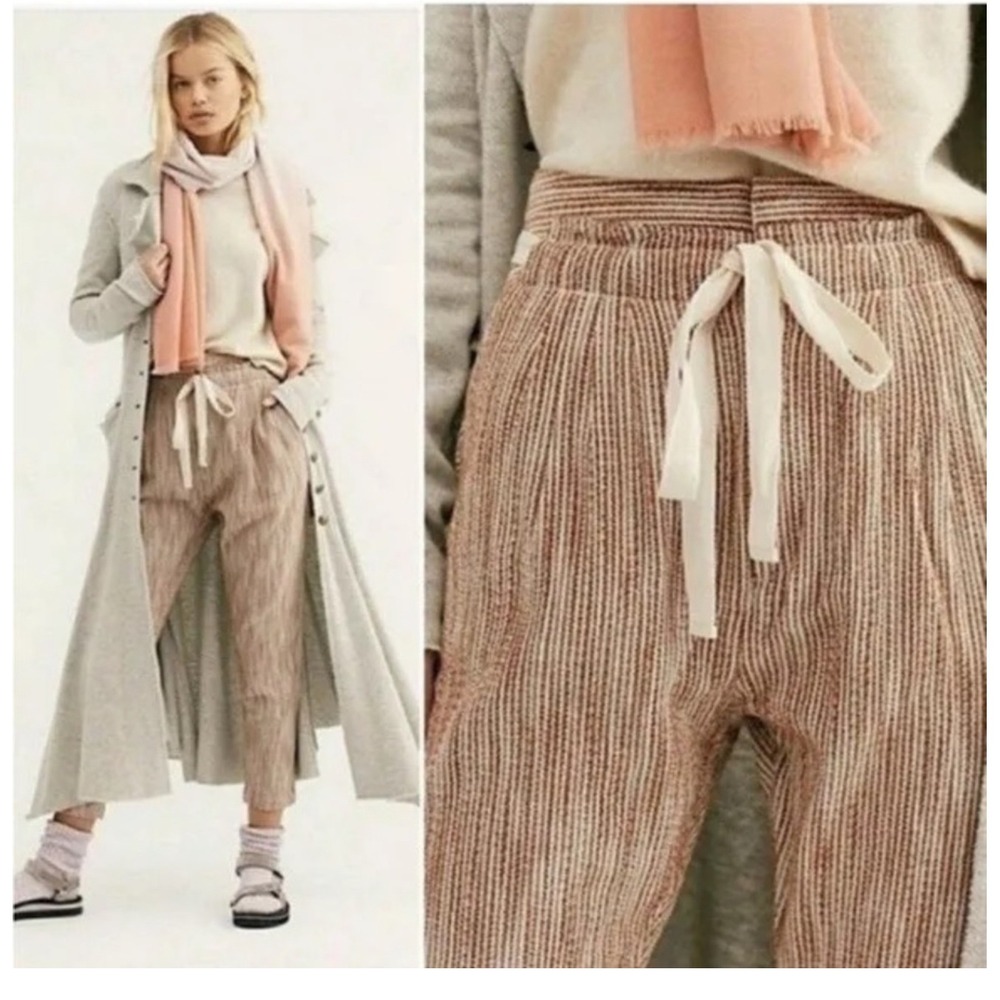 Free People Trouser Paper Bag Striped Pants Bottoms Caraway sunrise mustard sz 6